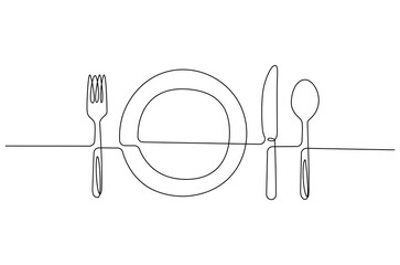Wall Mural - continuous one line drawing of fork, plate, knife and spoon. single line drawing illustration cutler