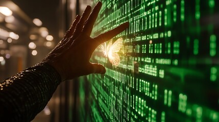 Hand interacting with digital code display technology