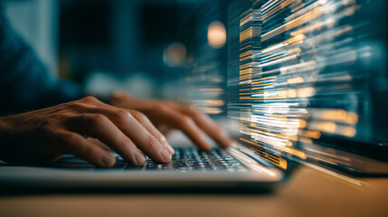 Hands typing on a laptop keyboard with abstract digital code overlay in a blurred background view