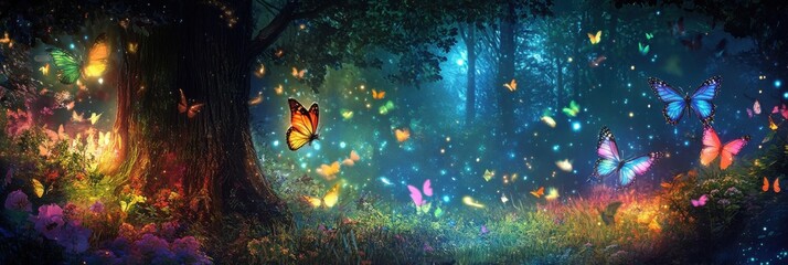 Wall Mural - a magical forest with glowing fireflies and colorful butterflies, set against an enchanting night sk