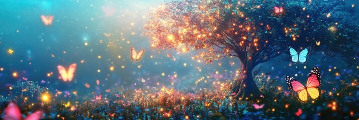 Wall Mural - a magical forest with glowing fireflies and colorful butterflies, set against an enchanting night sk