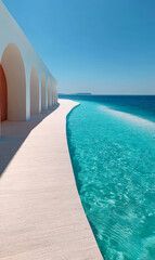 Fototapete - Serene oceanfront pathway under clear blue sky at coastal resort