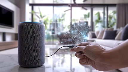 Wall Mural - a person connecting an advanced virtual assistant device to a home speaker system, visible device in