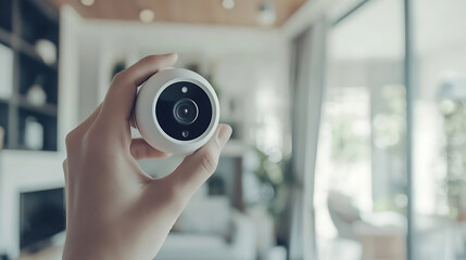 Wall Mural - a person holding a smart home security camera, visible lens and mount, clean home interior backgroun