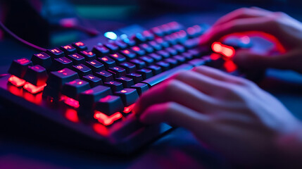 Wall Mural - a person typing on a mechanical keyboard with rgb lighting, visible key presses and illuminated keys
