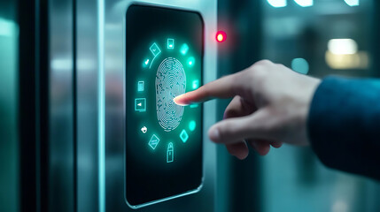 Wall Mural - a person using a biometric fingerprint scanner on a modern office door, clear fingerprint interface 