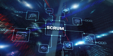 scrum. development methodology, programming and application design technology concept on city backgr