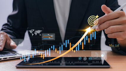Poster - Businessman tracking investment growth with digital chart and data dashboard on tablet, representing financial success, goal achievement, and modern fintech integration in economic planning.