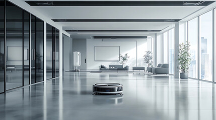 Wall Mural - a robotic cleaning system, office with robot vacuum cleaning the floors autonomously, home-tech styl