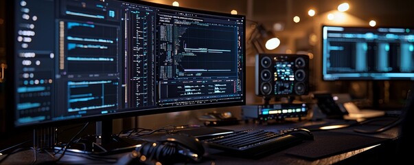 close-up of a high-tech workspace with multiple computer screens.