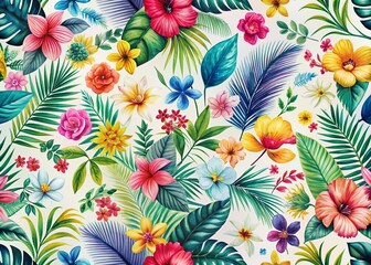  Pastel Neon Tropical Flower Seamless Pattern - Fashion Photography Stock Photo