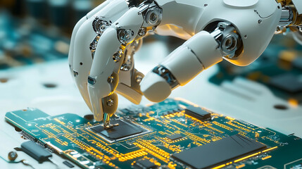 Wall Mural - a robotic gripper hand assembling a smartphone motherboard, visible gold circuit lines and soldering