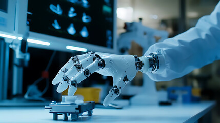 Wall Mural - a robotic hand shaking hands with a human hand, clear view of mechanical joints and human skin textu