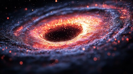 Wall Mural - Spiral galaxy core fiery center. Glowing particles surround. Dark blue hues