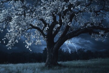 Wall Mural - A majestic flowering tree stands silhouetted against a dramatic, stormy night sky, illuminated by lightning.