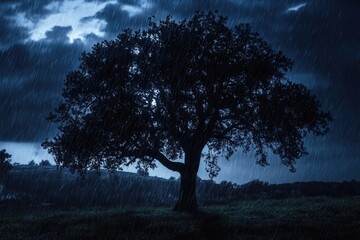 Wall Mural - A lone tree stands silhouetted against a stormy night sky, rain pouring down.