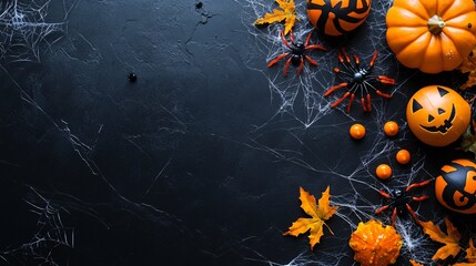 Wall Mural - Halloween decoration border on a textured black background with copy space, featuring pumpkins, spiders and spiderwebs