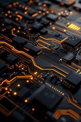 Fototapete - Glowing orange lights on electronic circuit board representing data transfer and processing power
