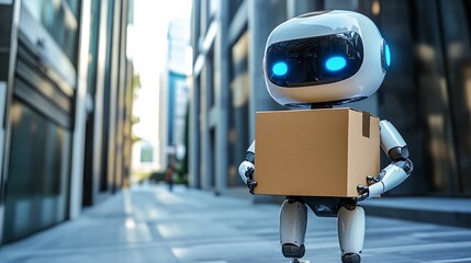 Poster - Self-driving robot delivering package strolling on urban sidewalk