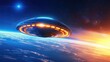 © watcharee - A futuristic spaceship hovers above Earth, surrounded by a cosmic backdrop of stars and colorful light, evoking a sense of exploration and wonder.