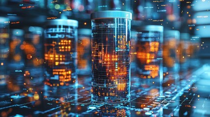 Futuristic data storage cylinders glowing with digital code.