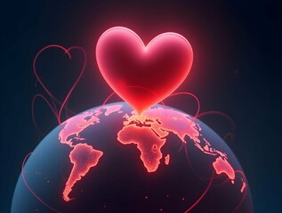 Fototapete - A vibrant red heart glows atop a stylized, dark globe, with delicate red heart-shaped lines encircling it