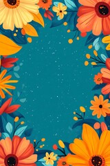 Wall Mural - Vibrant floral arrangement framing a teal background with space for text