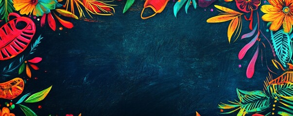 Wall Mural - Lively floral and foliage border on a rich blue textured background with space for text