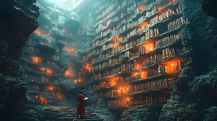 Wall Mural - a futuristic library with floating books and holograms where students explore endless opportunities