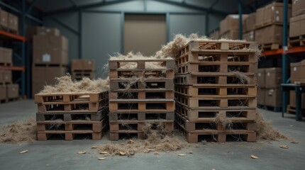 Wall Mural - three stacks of wooden pallets, littered with straw-like material, stand in a warehouse setting