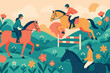 © Svitlana - Vibrant equestrian spring scene with riders and horses in a blooming landscape