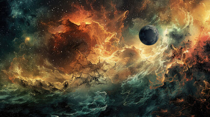 Wall Mural - Stunning Cosmic Nebula with Planet in Vibrant Colors and Intricate Patterns of Space Dust and Stars