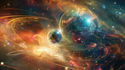 Wall Mural - Stunning Cosmic Scene with Vibrant Planets and Swirling Nebulae in a Colorful Galaxy