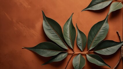 Wall Mural - Dark green leaves on terracotta background