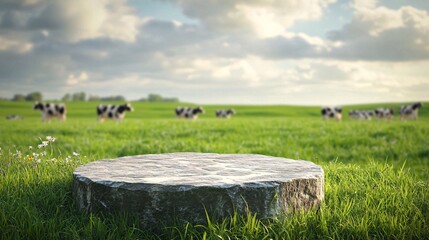 Leinwandbilder - Stone podium on a grassy field with cows in the background, ready for product presentation