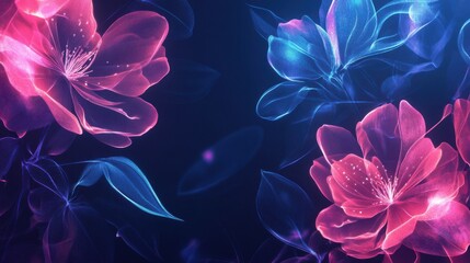 Fototapete - Futuristic abstract floral background with glowing neon flower outlines in pink and blue over a deep navy backdrop.