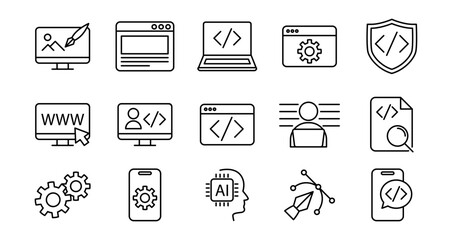 digital programing icon set, simple outline icon