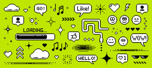 Wall Mural - a pixel art style set of icons for social media. speech bubbles. abstract elements. vector graphics.