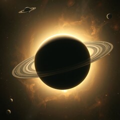 Wall Mural - 3D 4K render of Saturn silhouetted against a glowing sun, its rings illuminated in golden light. Moons and planets float nearby in a majestic cosmic setting full of depth and mystery.