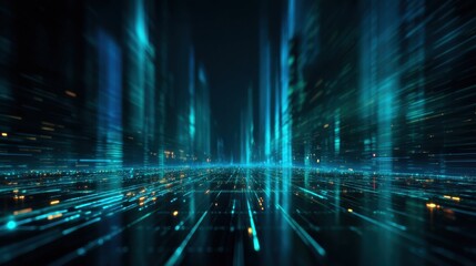 digital technology metaverse with neon blue and green background, cyber information, abstract speed 