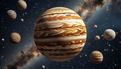 Wall Mural - the image portrays jupiter surrounded by its moons in a captivating cosmic scene, showcasing the gra