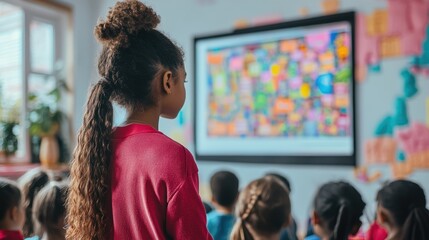 A teacher using interactive technology in the classroom, showing a digital lesson on a smartboard to a group of students, on a white background