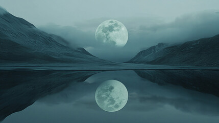 Wall Mural - Full moon reflected in calm lake water with empty sk