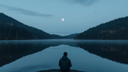 Wall Mural - Full moon reflecting on quiet lake surface under nig