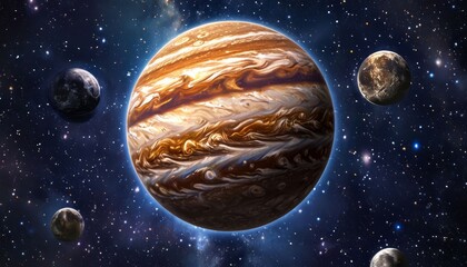 Wall Mural - The image features Jupiter, the largest planet in our solar system, surrounded by its moons against a stunning backdrop of stars and cosmic depths, showcasing vibrant colors.