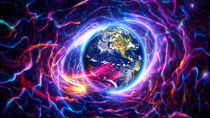 Wall Mural - Cosmic energy swirling in vibrant streams, enveloping planetary surface with luminous glow against dark, expansive astronomical background, revealing intricate layers of celestial dynamism