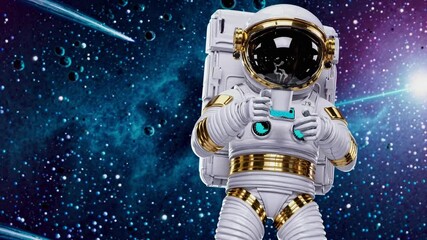Wall Mural - Astronaut wearing a spacesuit with golden details is floating in space, playing with a video game controller against a backdrop of stars, nebulae, and shooting stars