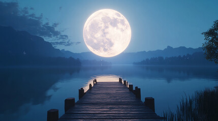 Wall Mural - Giant full moon over calm lake with wooden pier exte