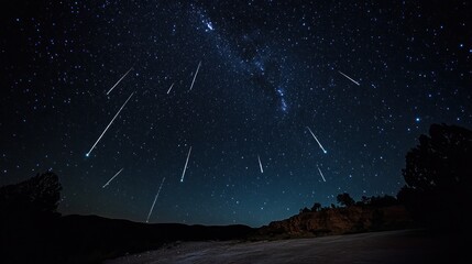 majestic night sky: a breathtaking spectacle of shooting stars streaking across the inky canvas of t
