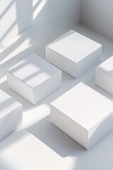 Poster - Different sized white cubes casting shadows on a white surface from a window